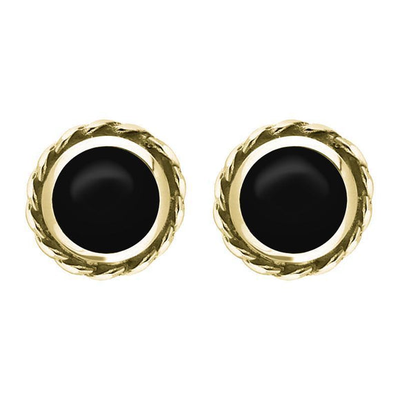 18ct Yellow Gold Whitby Jet Round Twist Edge Stud Earrings. E134.
