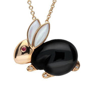 18ct Rose Gold Diamond Whitby Jet Mother of Pearl Rabbit Necklace, P2728.