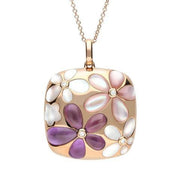 18ct Rose Gold Mother of Pearl Diamond Amethyst Flower Cushion Necklace P3076