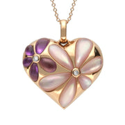 18ct Rose Gold Mother of Pearl Diamond Amethyst Heart Flower Necklace P3075