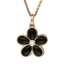 18ct Rose Gold Whitby Jet 0.04 Carat Diamond Flower Pendant P2755