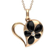 18ct Rose Gold Whitby Jet Diamond Flower Open Heart Necklace P3064