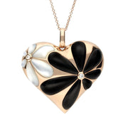 18ct Rose Gold Whitby Jet Diamond Large Flower Heart Necklace P3060