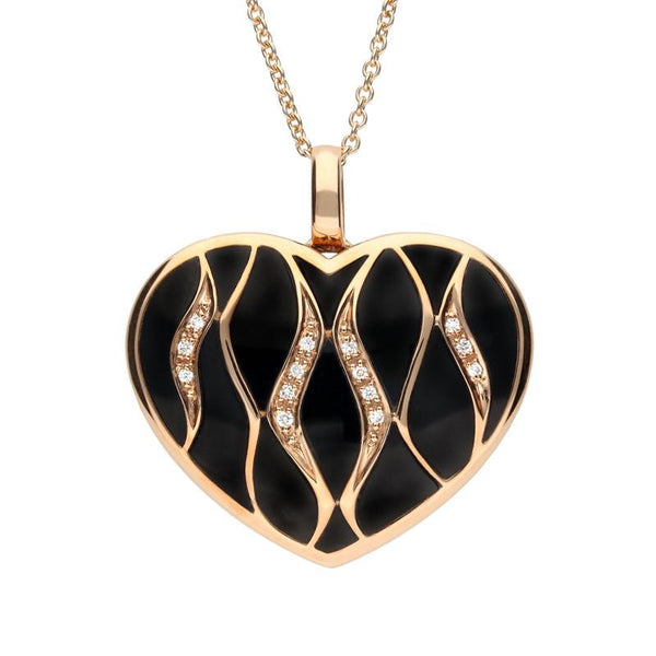 18ct Rose Gold Whitby Jet Diamond Wavy Heart Necklace P3067