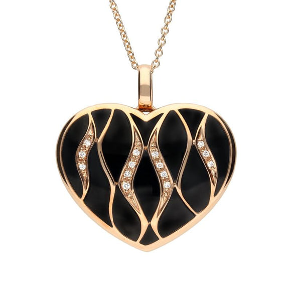 18ct Rose Gold Whitby Jet Diamond Wavy Heart Necklace P3067