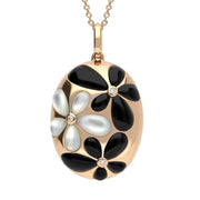 18ct Rose Gold Whitby Jet Mother of Pearl 0.02ct Diamond Flowers Oval Necklace P3066