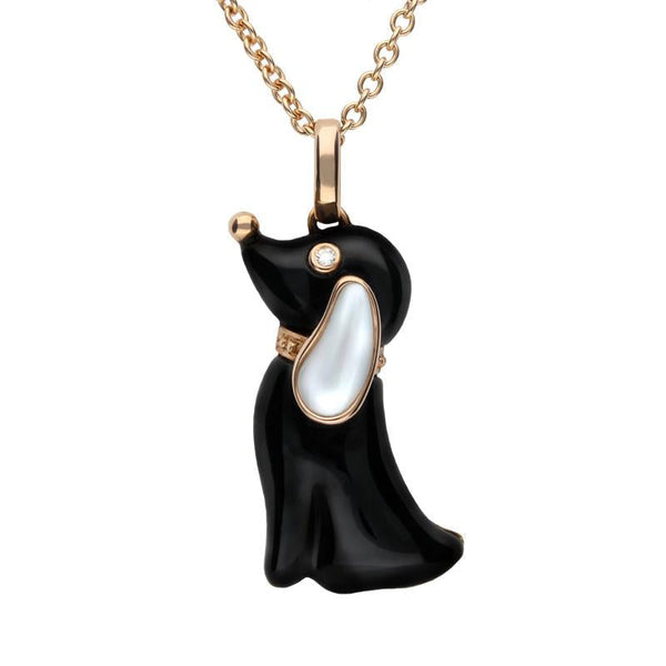 18ct Rose Gold Whitby Jet White Mother of Pearl Diamond Dog Necklace P2746