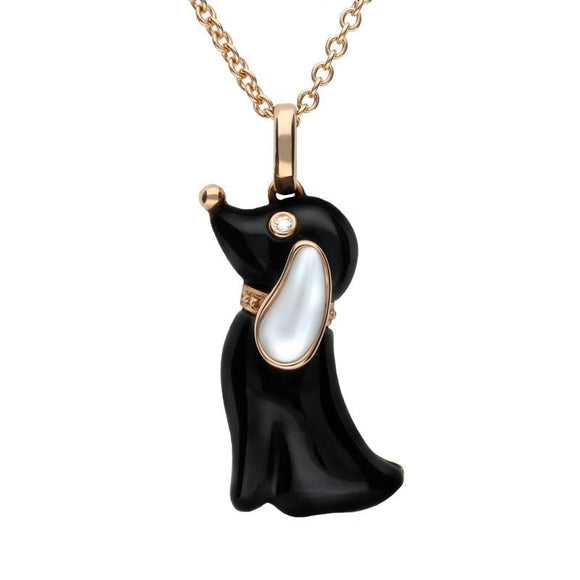 18ct Rose Gold Whitby Jet White Mother of Pearl Diamond Dog Necklace P2746