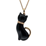 18ct Rose Gold Whitby Jet and Diamond Cat With Tail Large Necklace P2743