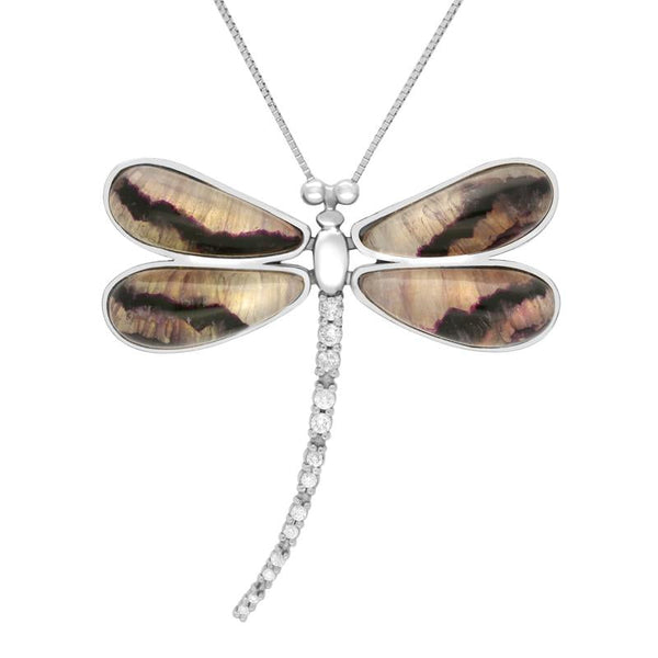 18ct White Gold Blue John Diamond Large Four Stone Dragonfly Necklace, P1743C