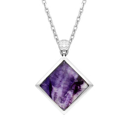 18ct White Gold Blue John Diamond Top Flat Square Necklace, P988.