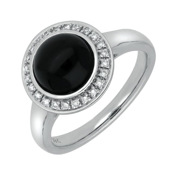 18ct White Gold Whitby Jet 0.13ct Diamond Round Centred Edge Ring R589