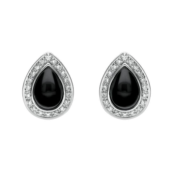 18ct White Gold Whitby Jet 0.16ct Diamond Pear Shaped Stud Earrings, E1361.
