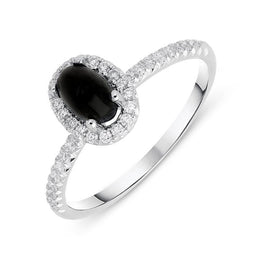 18ct White Gold Whitby Jet 0.27ct Diamond Oval Cluster Ring, R1151.