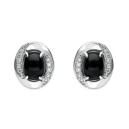 18ct White Gold Whitby Jet 0.11ct Diamond Oval Earrings E1398