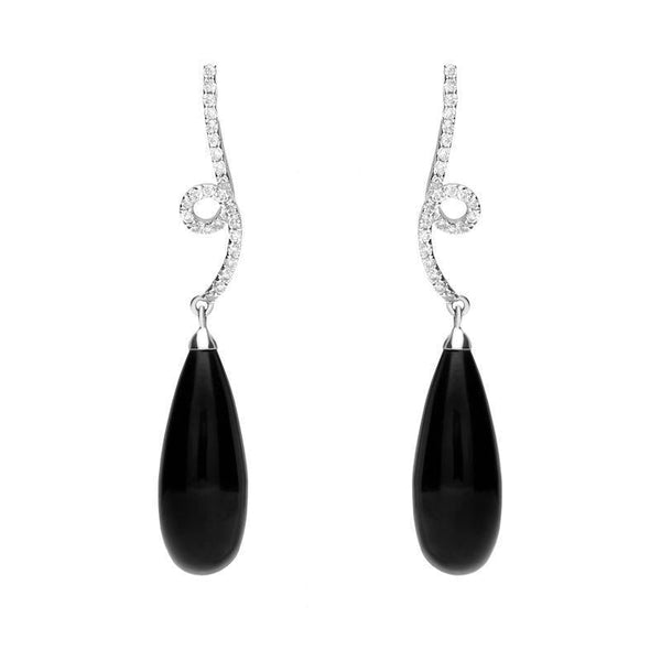 18ct White Gold Whitby Jet and Diamond Swirl Top Drop Earrings E1067