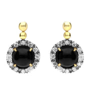 18ct Yellow Gold Whitby Jet and Diamond Small Round Claw Set Drop Earrings E1675