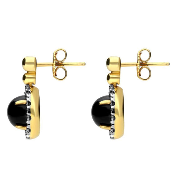 18ct Yellow Gold Whitby Jet and Diamond Small Round Claw Set Drop Earrings E1675
