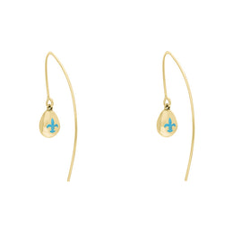 18ct Yellow Gold Turquoise Fleur De Lis Disc Drop Earrings, E1373.