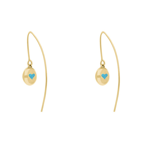 18ct Yellow Gold Turquoise Heart Disc Drop Earrings, E1372.