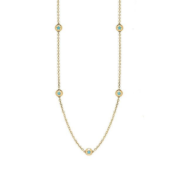 18ct Yellow Gold Turquoise Star Link Disc Chain Necklace, N744.