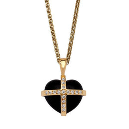 18ct Yellow Gold Whitby Jet 0.16ct Diamond Small Cross Heart Necklace P1908C