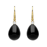 18ct Yellow Gold Whitby Jet 0.20ct Diamond Lever Back Pear Drop Earrings. E2248