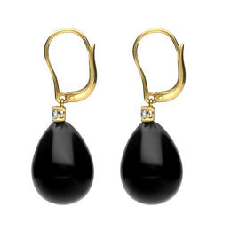 18ct Yellow Gold Whitby Jet 0.20ct Diamond Lever Back Pear Drop Earrings. E2248