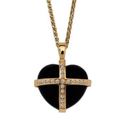 18ct Yellow Gold Whitby Jet 0.20ct Diamond Size M Cross Heart Necklace P1907C