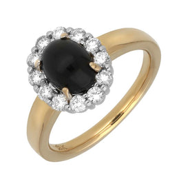 18ct Yellow Gold Whitby Jet 0.41ct Diamond Oval Claw Cluster Ring. R602.