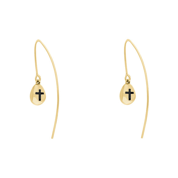 18ct Yellow Gold Whitby Jet Cross Disc Drop Earrings, E1374.