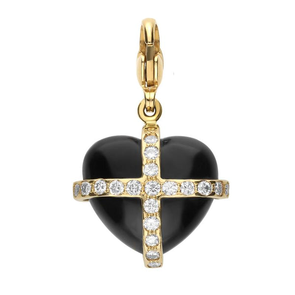18ct Yellow Gold Whitby Jet 0.16ct Diamond Medium Cross Heart Charm G776