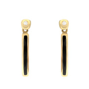 18ct Yellow Gold Whitby Jet Diamond Slim Oblong Drop Earrings. e735.