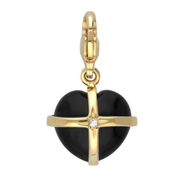 18ct Yellow Gold Whitby Jet Diamond Small Cross Heart Charm G756