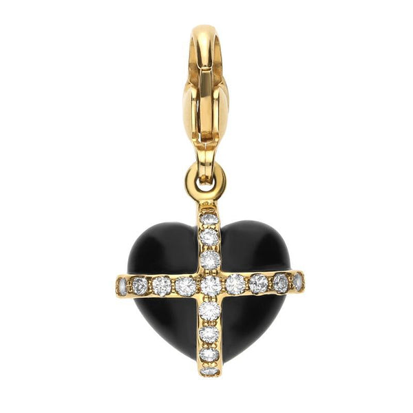 18ct Yellow Gold Whitby Jet 0.16ct Diamond Small Cross Heart Charm G775