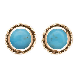 18ct Rose Gold Turquoise Round Twist Edge Stud Earrings. E134.