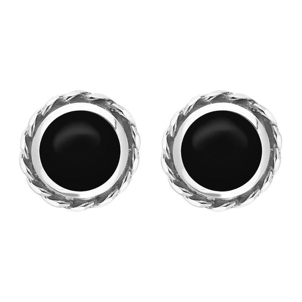 18ct White Gold Whitby Jet Round Twist Edge Stud Earrings. E134.