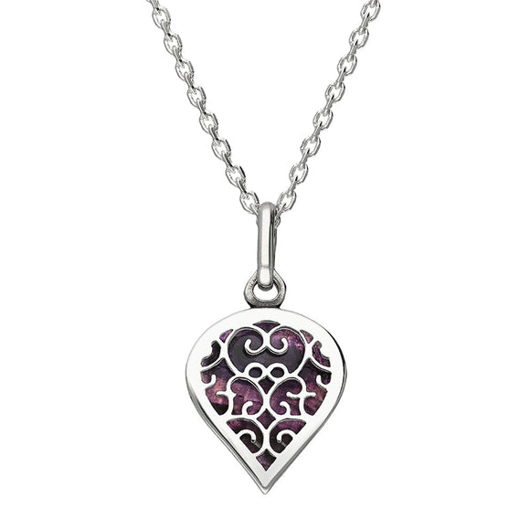 9ct White Gold Blue John Flore Filigree Small Heart Necklace. P3629.