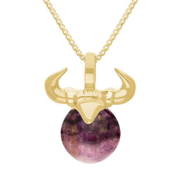 9ct Yellow Gold Blue John Zodiac Taurus 10mm Bead Pendant, P3621.