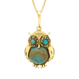 9ct Yellow Gold Turquoise Marcasite Medium Owl Necklace