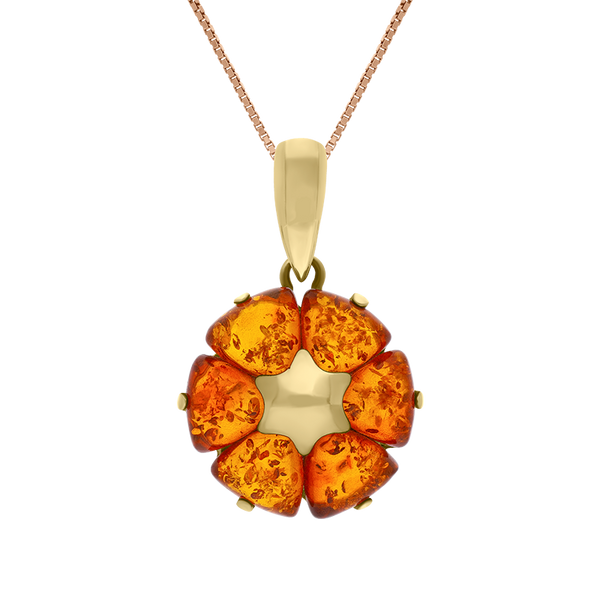 9ct Yellow Gold Amber Flower Pendant Necklace D P1431 