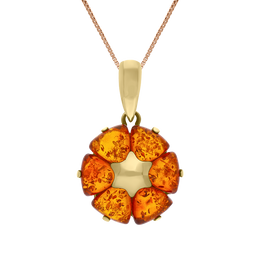 9ct Yellow Gold Amber Flower Pendant Necklace D P1431 