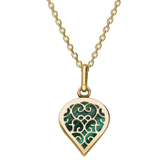 9ct Yellow Gold Malachite Flore Filigree Small Heart Necklace. P3629.