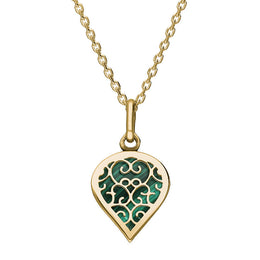 9ct Yellow Gold Malachite Flore Filigree Small Heart Necklace. P3629.