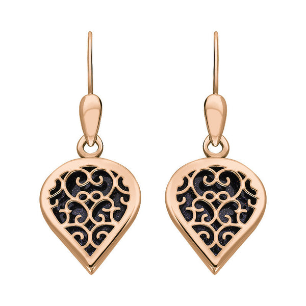 9ct Rose Gold Blue Goldstone Flore Filigree Heart Drop Earrings. E2588.