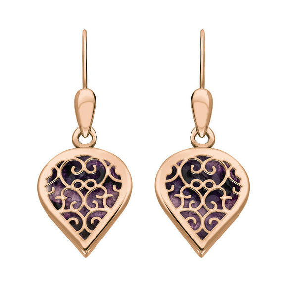 9ct Rose Gold Blue John Flore Filigree Heart Drop Earrings. E2588.