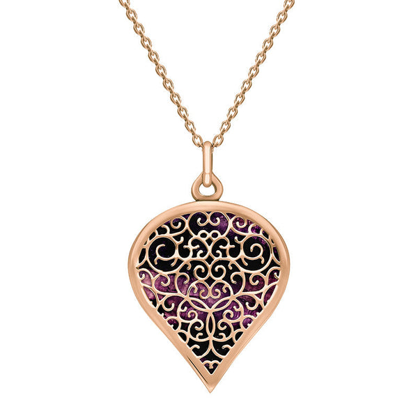 9ct Rose Gold Blue John Flore Filigree Large Heart Necklace. P3631.
