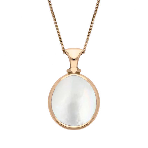 9ct Rose Gold Blue John White Mother Of Pearl Small Double Sided Pear Fob Necklace, P220.