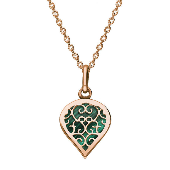 9ct Rose Gold Malachite Flore Filigree Small Heart Necklace. P3629.