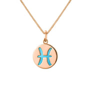 9ct Rose Gold Turquoise Zodiac Pisces Round Necklace, P3605.